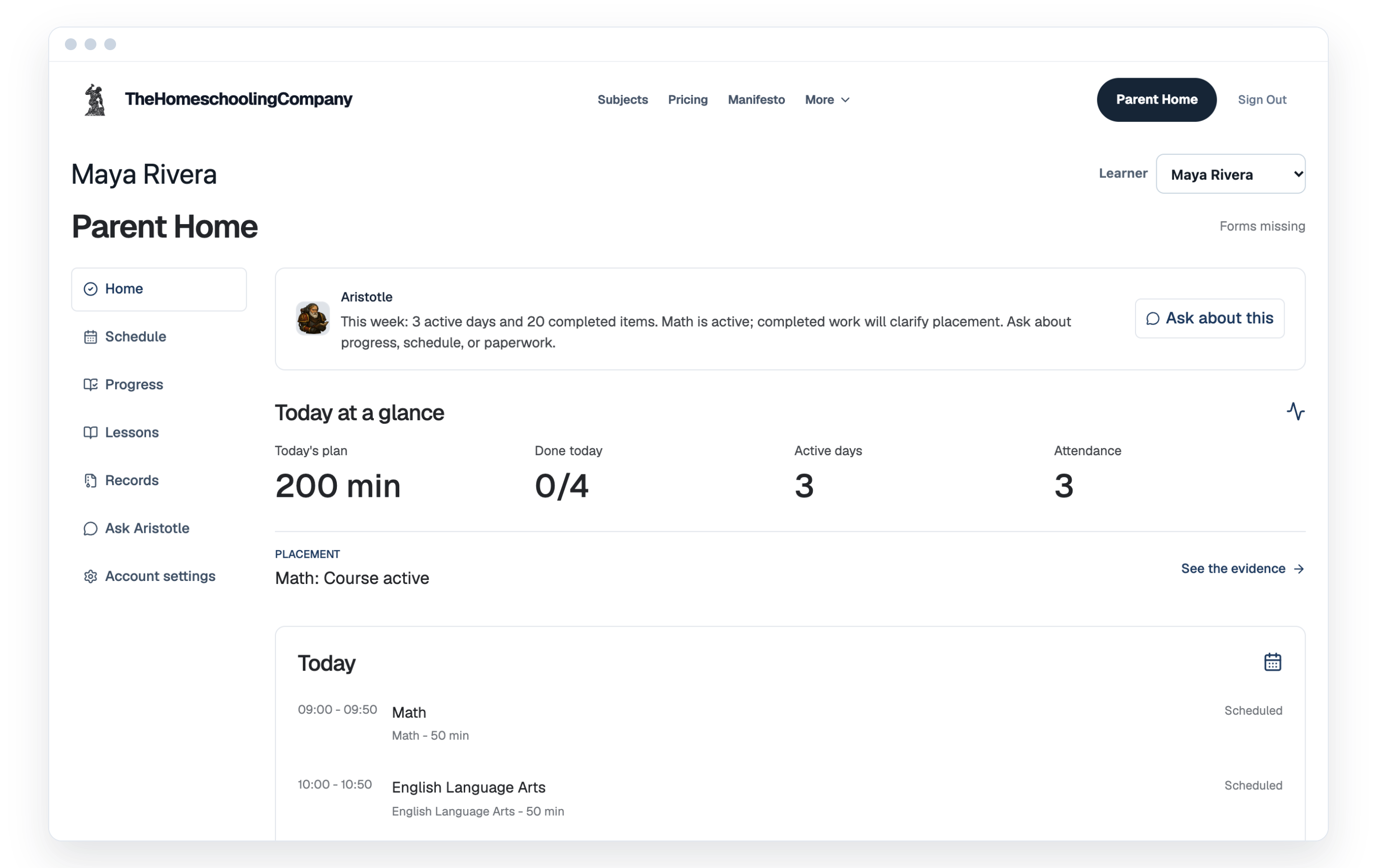 Parent dashboard showing the daily plan, progress, and records