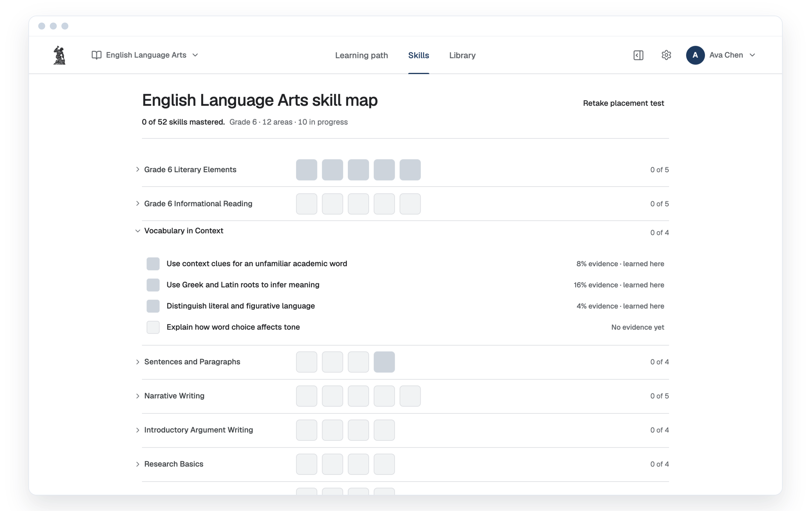 Progress and mastery map showing skills and completion levels